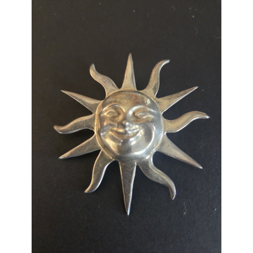 Vintage Mexican Sterling Silver Sun Face Brooch Pendant Smiling Celestial 925